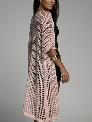 Open-knit duster cardigan in Apricot, featuring a relaxed fit and long length.