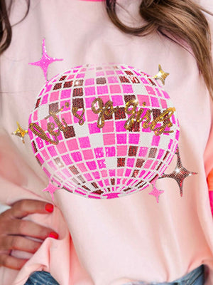 Disco Ball Colorblock Tee in watermelon pink with glitter graphic and star details.