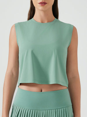 Teal sculpted crop active muscle tee with crewneck and sleeveless design