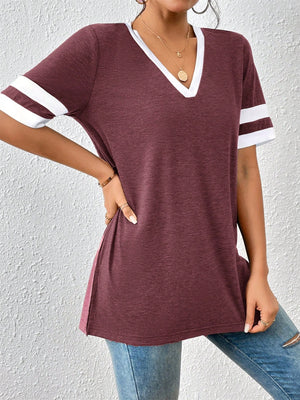 Plum v-neck t-shirt with white contrast trim on neckline and sleeve stripes.