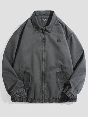 Men's plus-size dark gray casual zip jacket with collar and two front pockets.
