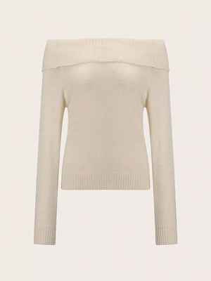Ribbed Knit Off Shoulder Sweater in Beige, close-up detail
