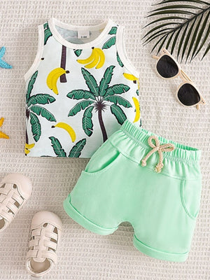 Baby set with palm tree and banana print tank top and light green drawstring shorts.