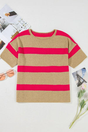 Metallic stripe boxy tee with crew neck and short sleeves in tan and hot pink acrylic knit.