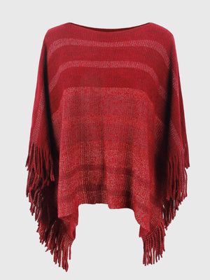 Deep red striped poncho with fringe detail and boat neckline.