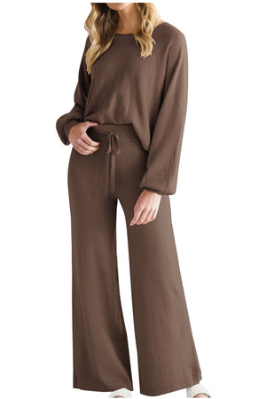 Brown wide-leg lounge set with balloon sleeves and drawstring waist