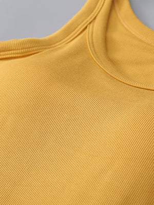 Mustard ribbed knit tank top with built-in bra detail and rounded neckline.