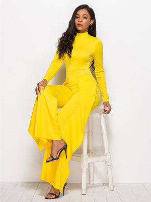Yellow high-waisted palazzo jumpsuit with slit front and long sleeves.