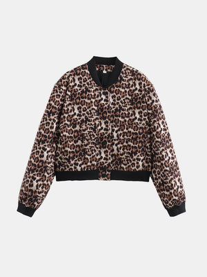 Leopard print boxy bomber jacket with black trim and two front pockets.