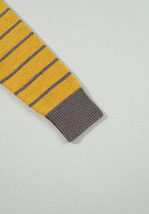 Yellow knit sweater with grey stripes and ribbed cuff
