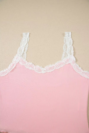 Pink ribbed cami with white lace trim and adjustable straps