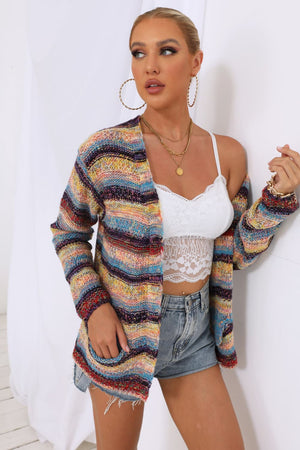 Rainbow stripe open-front knit cardigan with pockets, acrylic material, long sleeves.
