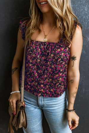 Floral ruffle strap square neck top with a dark floral print.