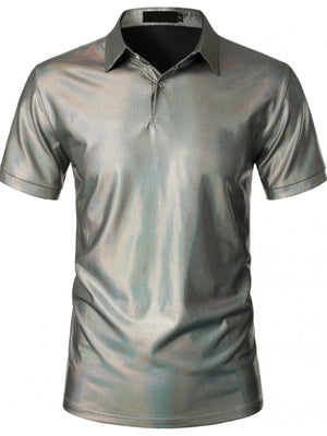 Men's grey collared polo shirt with textured finish and short sleeves.