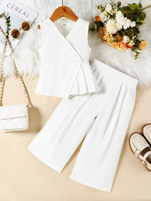 White cotton baby two-piece set with pleated detail on vest and wide-leg pants