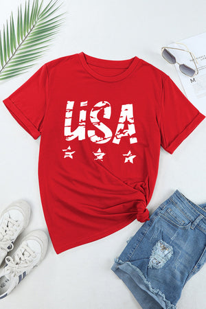 Red cotton blend graphic tee with USA distressed print and stars.
