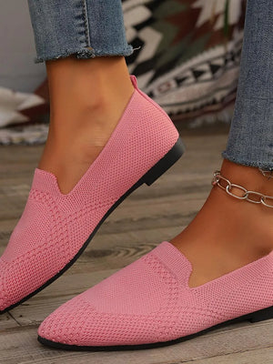 Mesh Muse Point Flats in pink, featuring a textured knit material and a low heel.