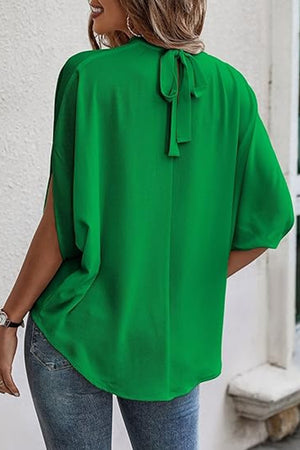 Dark green Keyhole Back Drape Sleeve Top with tie detail and split sleeves.
