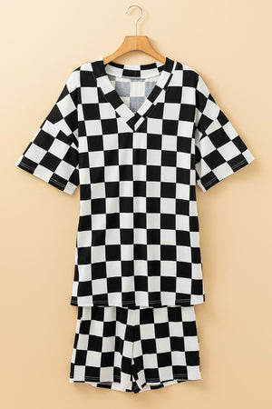 Black and white checkered V-neck t-shirt and shorts outfit set