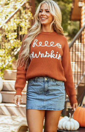 Terracotta knit sweater with white "hello pumpkin" script, crewneck, and long sleeves.