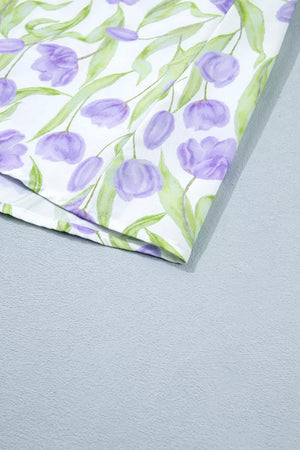 Lavender tulip print midi dress with pockets, watercolor floral pattern.