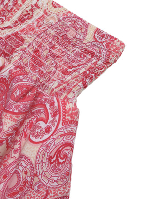 Paisley print smocked crop top with frill detail in red and cream.