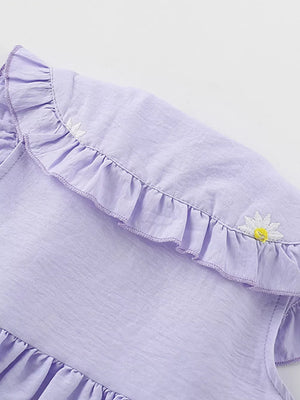 Lavender cotton dress with Peter Pan collar, ruffles, and daisy embroidery.
