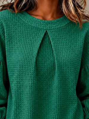 Waffle Knit Round Neck Top in Burgundy, fit detail