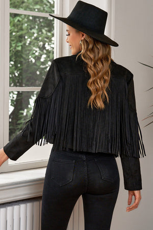 Black suede cropped jacket with fringe detail and western styling.