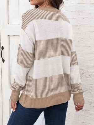 Cozy color block knit sweater in tan and white stripes, acrylic, crew neck, long sleeves.