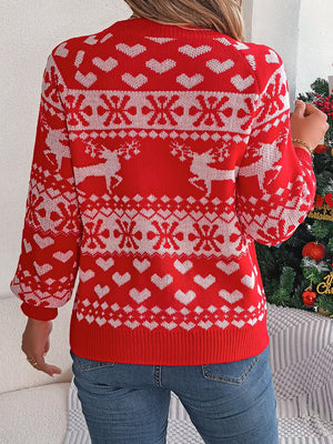 Red jacquard knit sweater with reindeer, snowflake, and heart pattern