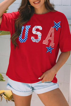 Patriotic Usa Embroidered Short Sleeve T-shirt, front view