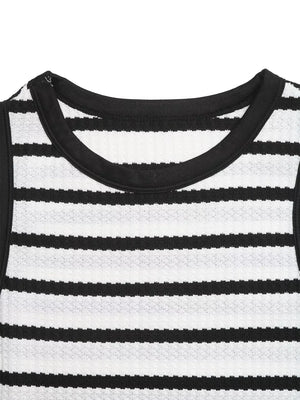 Sleek striped bodycon midi dress with black trim neckline and sleeveless cut.