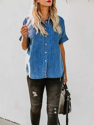 Denim button-front shirt with short sleeves and chest pockets in dark blue.