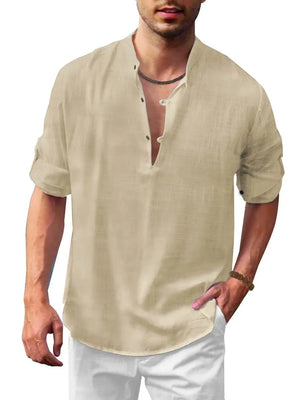 Khaki linen henley shirt with mandarin collar and roll-up sleeves.