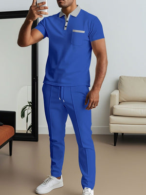 Men's Short Sleeve Polo And Pants Set Plus Size in Blue, front view
