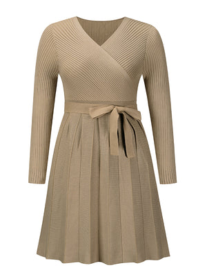 Khaki ribbed knit wrap dress with long sleeves, tie waist, and pleated skirt.