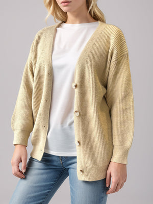 Ribbed knit cardigan in Ochre with balloon sleeves and button front closure.