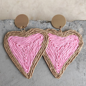 Pink woven heart statement earrings with gold disc tops