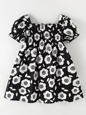Children's Floral Print Square Neck Puff Sleeve Dress, side view