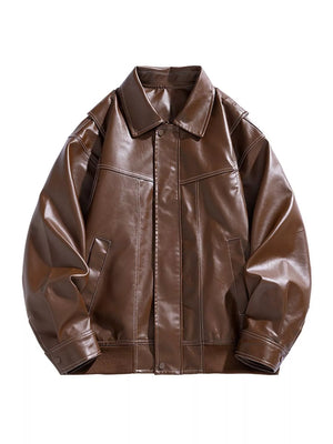 Oversized coffee leather bomber jacket with zip-up front and collar.