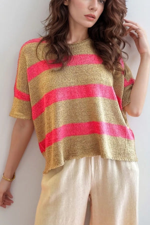 Metallic stripe boxy t-shirt with pink stripes and a relaxed fit.