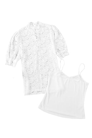 White lace puff sleeve mock neck blouse with a cami underneath