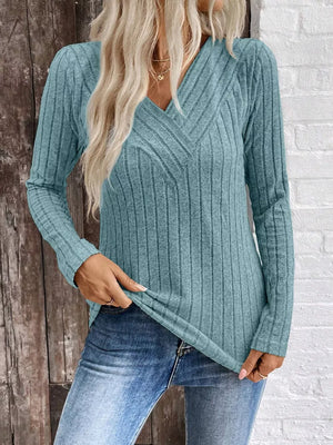 Ribbed V-neck Long Sleeve T-shirt in Grey, alternate angle