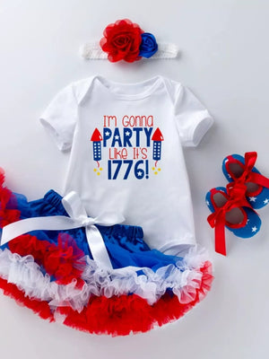 White baby onesie with "I'm Gonna Party Like It's 1776!" text, red & blue tutu, headband, and star shoes.