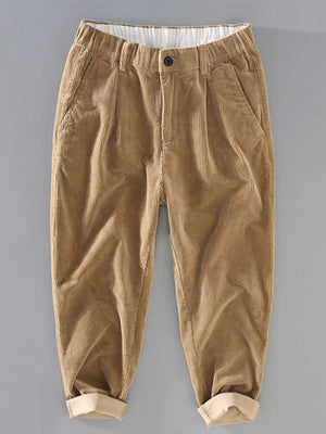 Khaki corduroy pleated casual pants with elastic waistband and cuffed hem