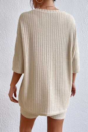 Sand ribbed tee and short set with relaxed fit and short sleeves