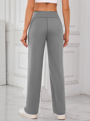Gray wide-leg lounge trousers with a high waist and straight leg