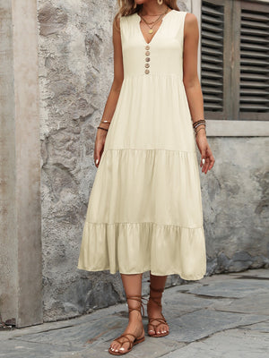 Beige tiered midi sundress with V-neck and button detail