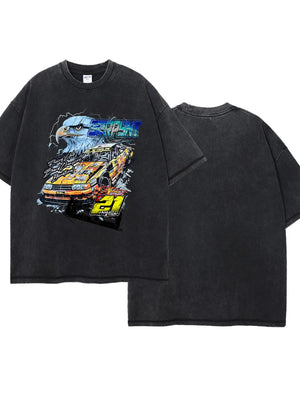 Black oversized tee with vintage race car and eagle graphic print